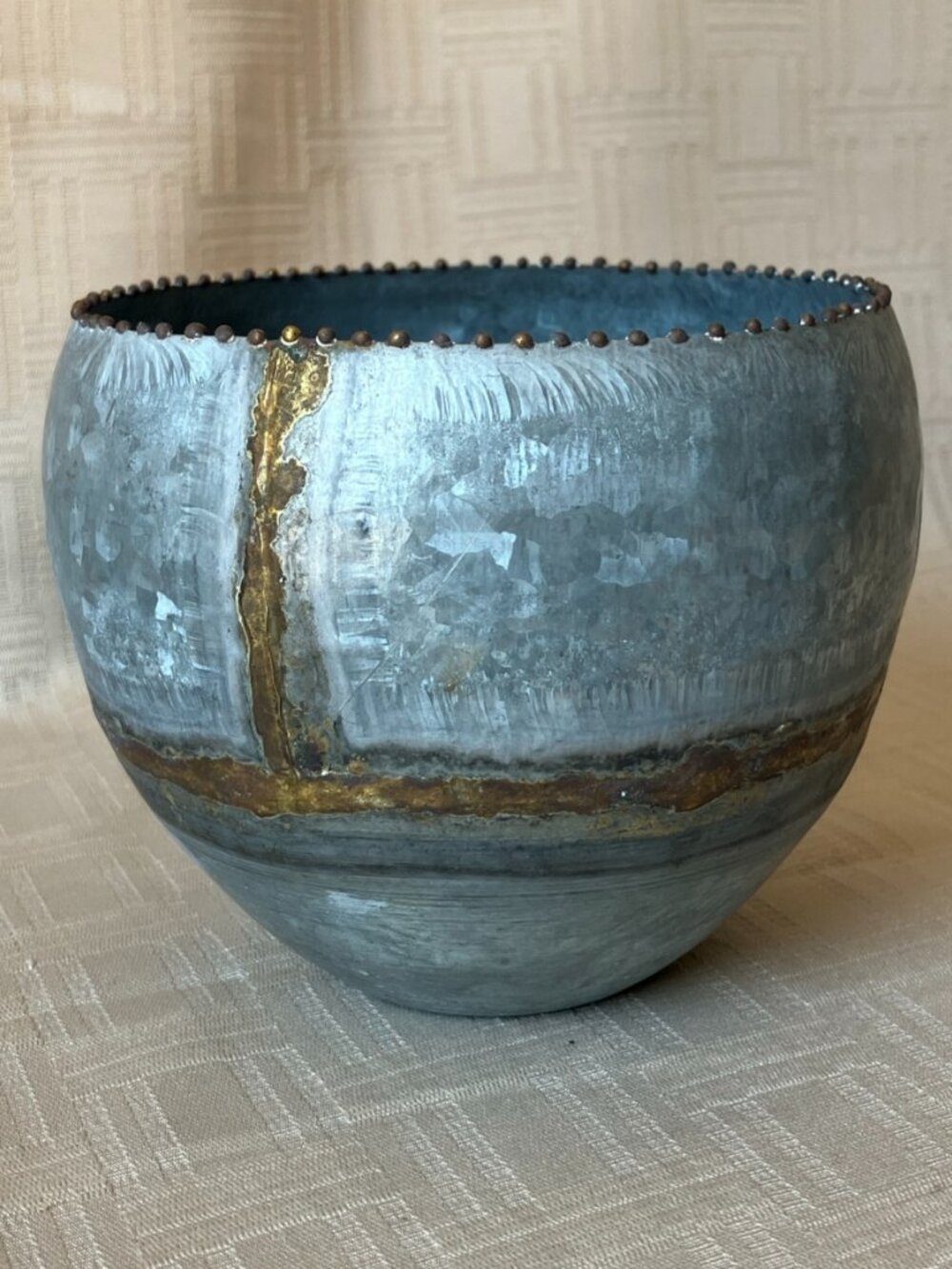 Galvanized Metal Planter Embellished with Brass Beading and Brazing